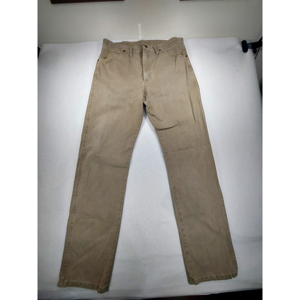 Wrangler Jeans Mens 33x34 Beige Tan Straight Leg Western Cowboy Y2K Rodeo Patch